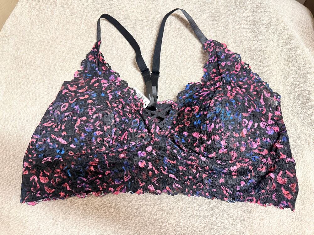 Torrid Bralette Light lined Lace Rainbow Leopard Black Size 2 NEW